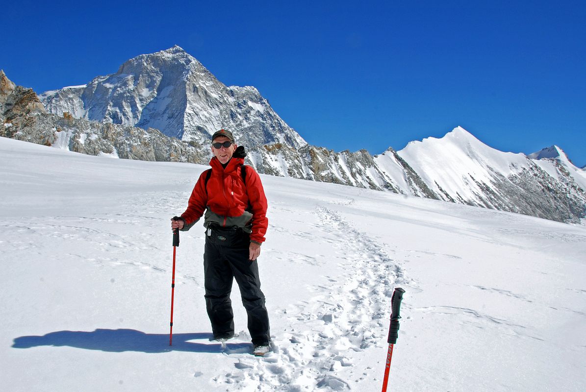 10 13 Jerome Ryan With Makalu West Face, West Pillar, Southwest Face And East Col From Glacier To West Col